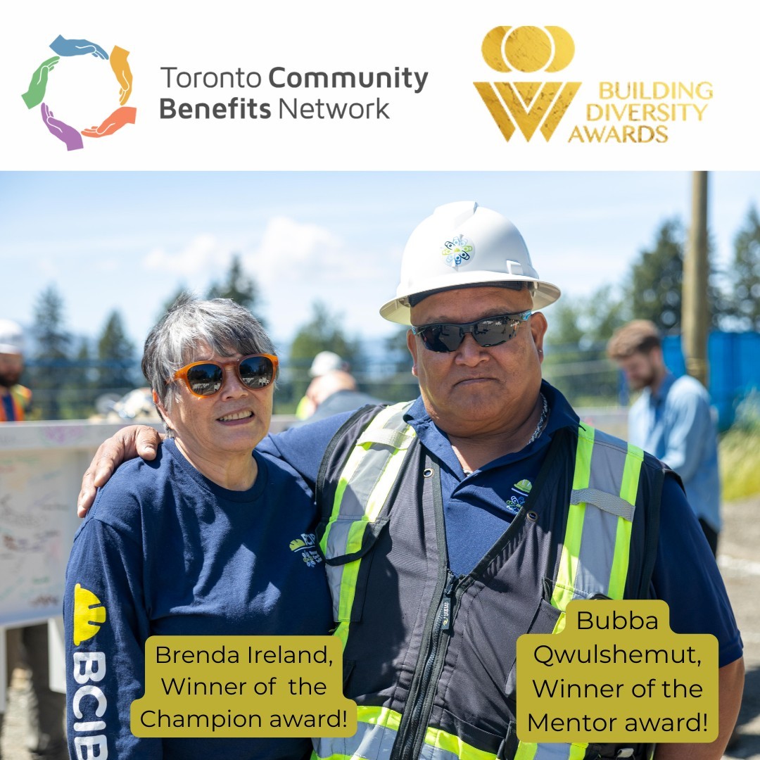 Brenda and Bubba at CDHRP. They are keyed with their names and the image includes two logos - Toronto Community Benefits Network and Building Diversity Awards