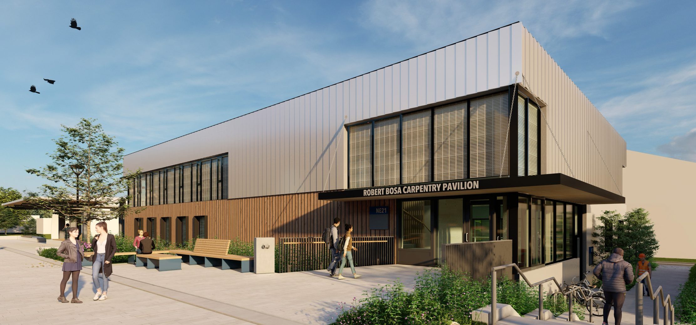 Rendering of the exterior of the BCIT Robert Bosa Carpentry building.