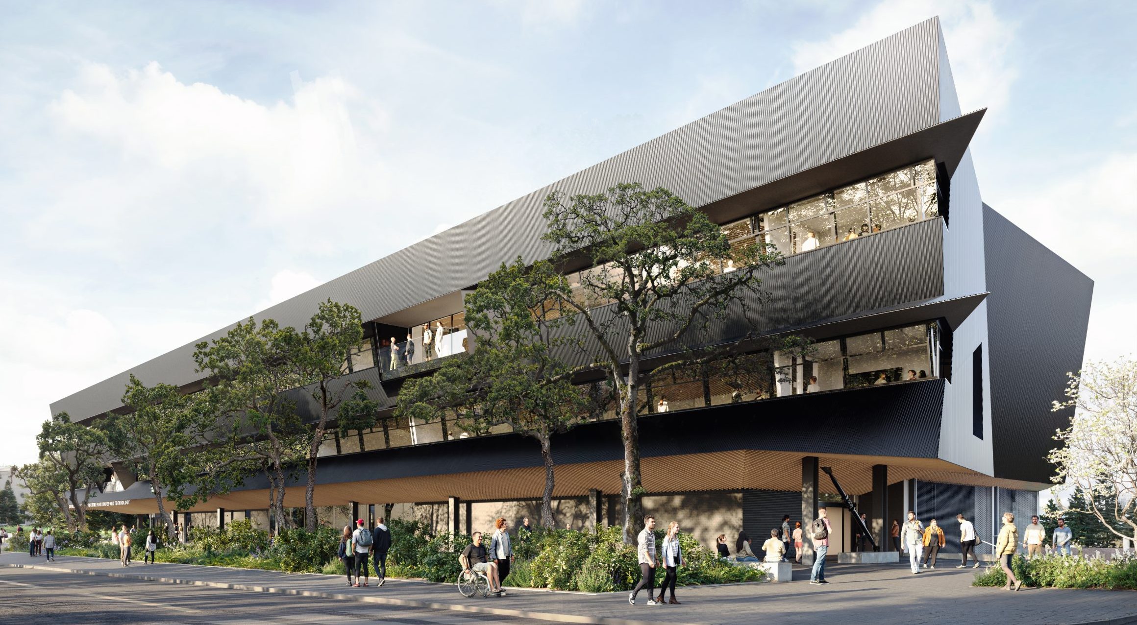 Rendering of the exterior of the BCIT Concert Proprerties Centre for Trades and Technology (no name on the building visible). Students walking and in wheelchairs can be seen on the sidewalk outside the modern building.