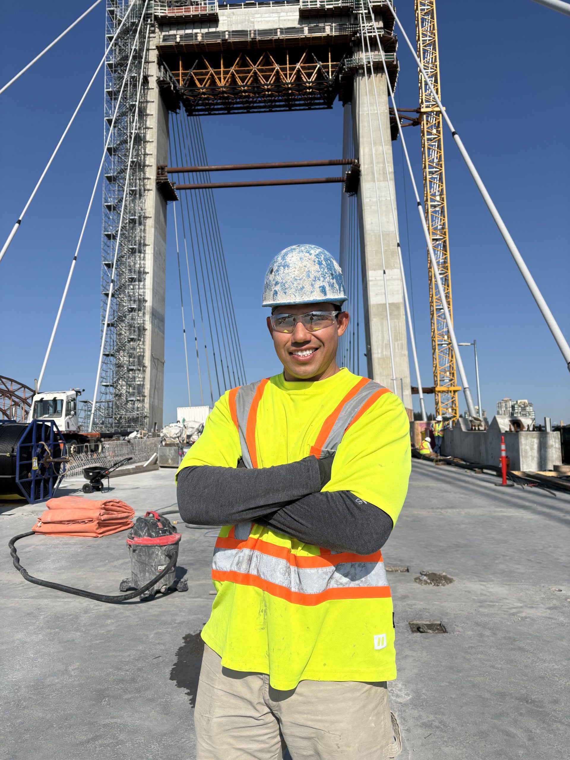 Construction worker posing for a picture on the Pattullo Bridge
